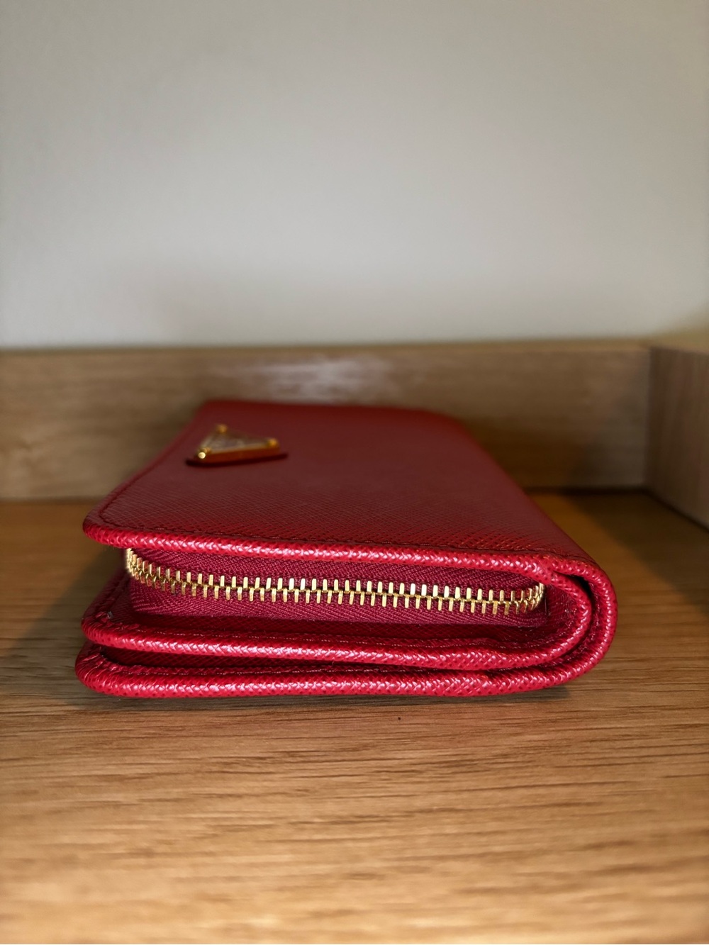 Prada Red Saffiano Compact Wallet with Gold Triangle Logo - Picture 4 of 11
